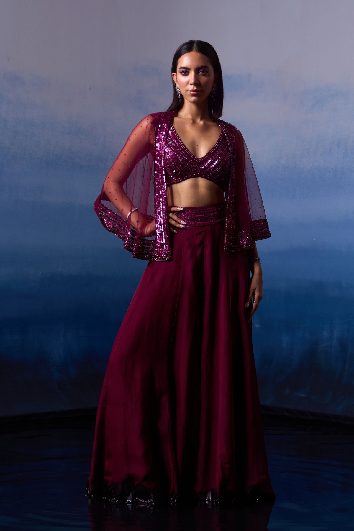 Wine Organza Cape Set