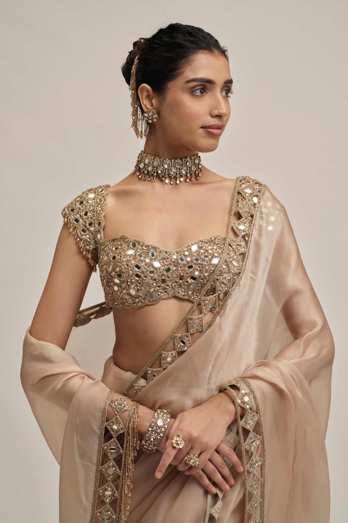 Beige Diamond Saree Set