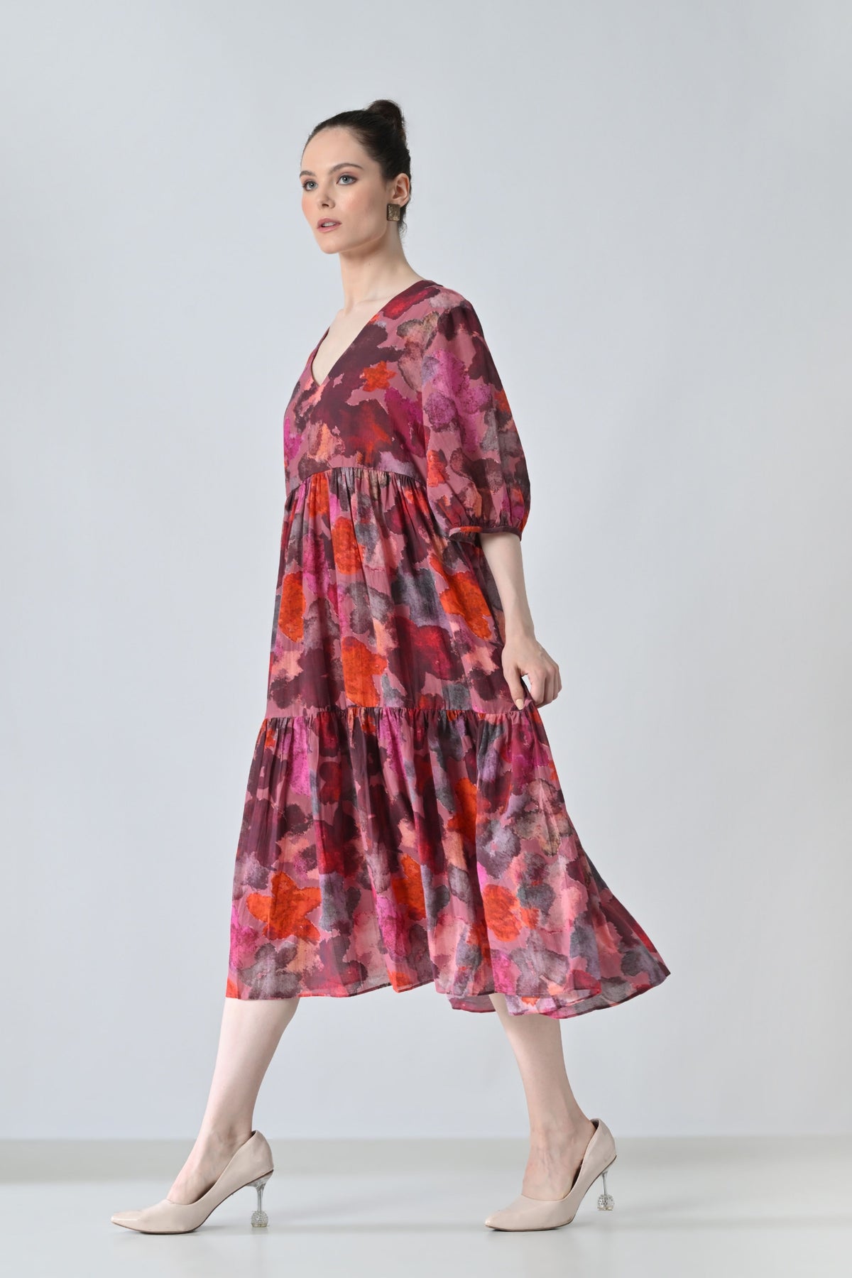 Red Bloom Printed Tiered Dress