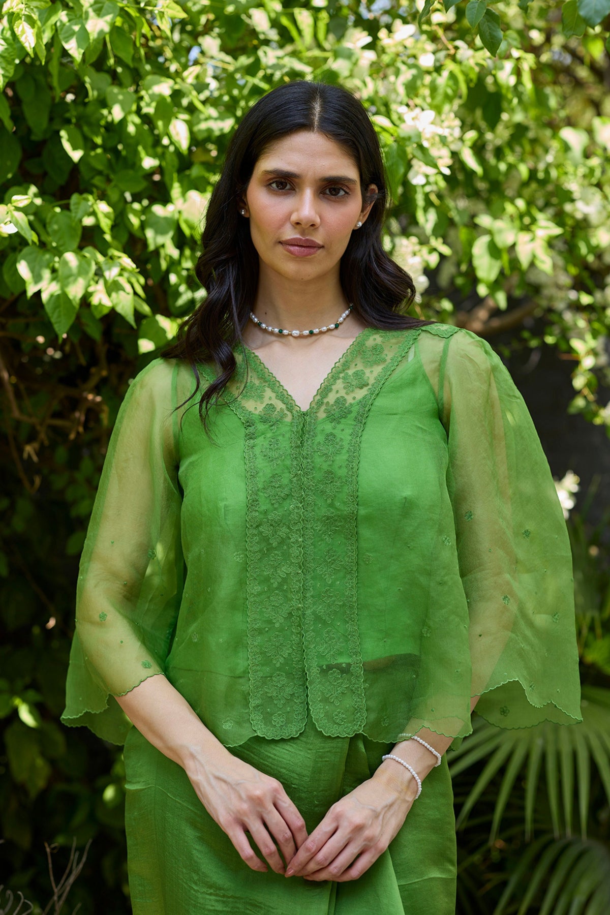 Wander Trail Green Embroidered Blouse