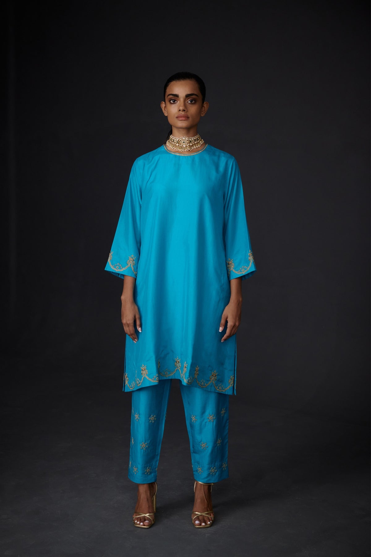 Turquoise  Blue Hand Embroidered Tunic Set