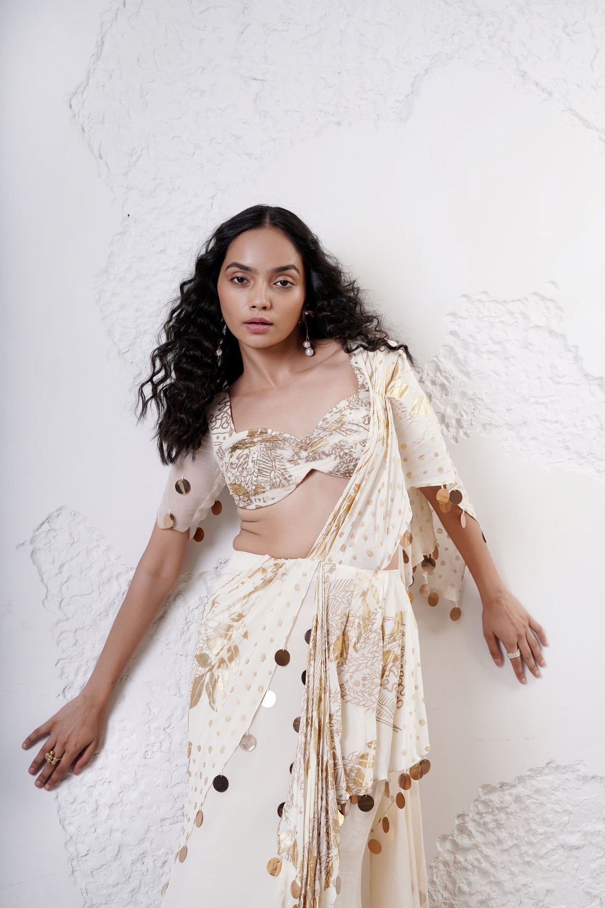 Ivory Foil Drape Saree Set