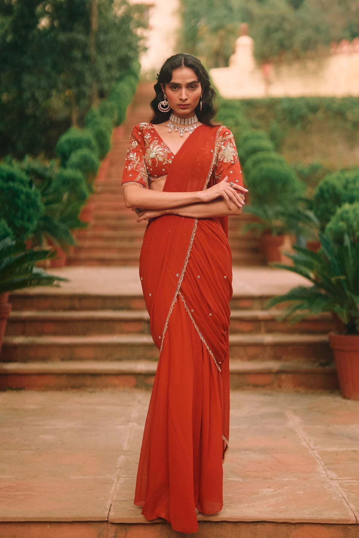 Kaia Red Draped Saree Set