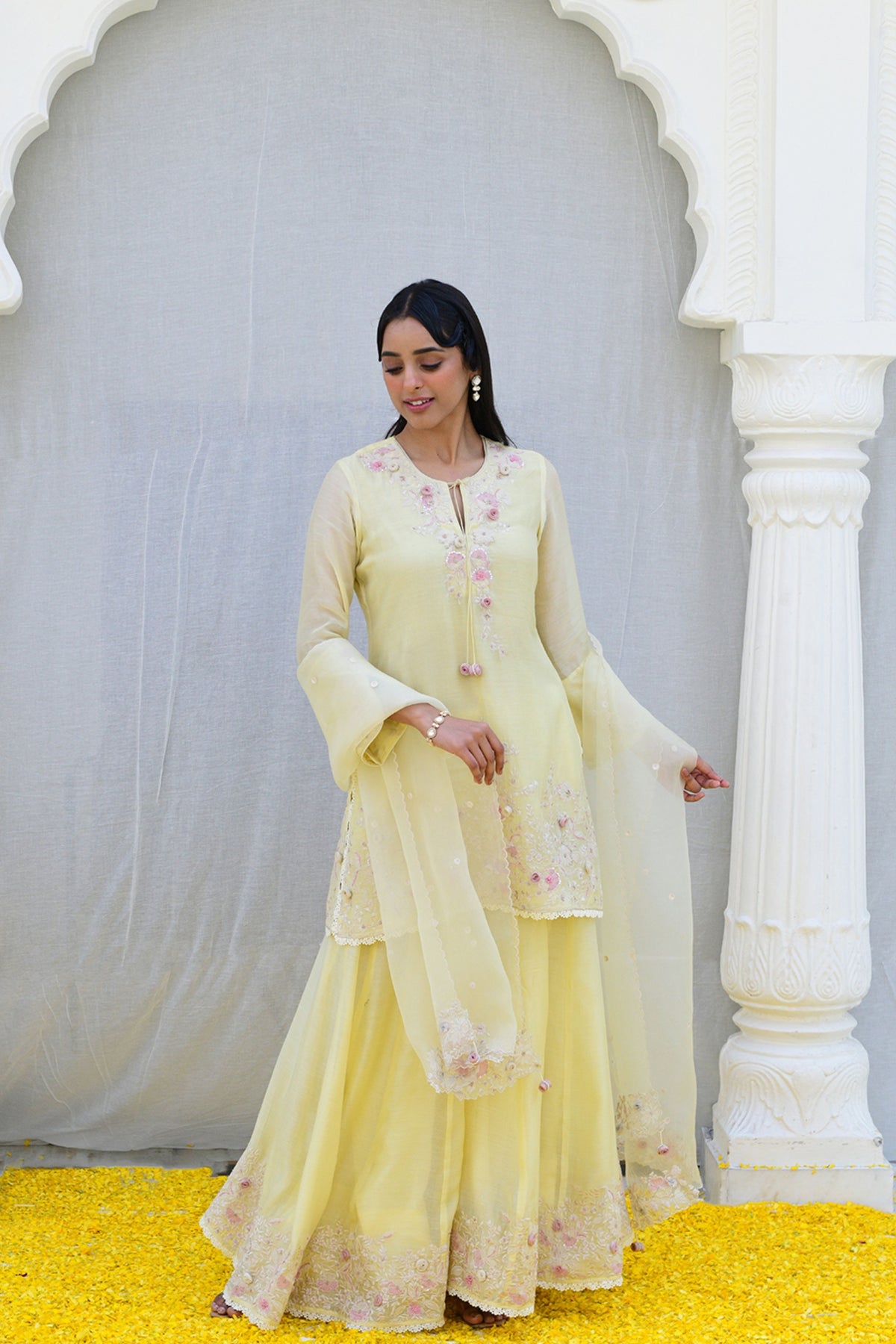 Lemon Yellow Heavy Ivory Sharara set