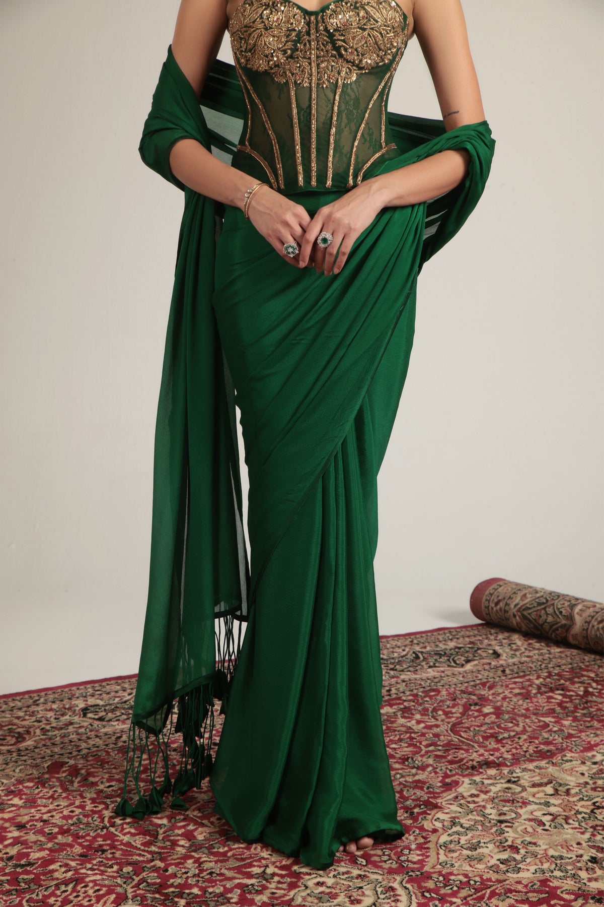 Green Zardosi Corset Saree Set