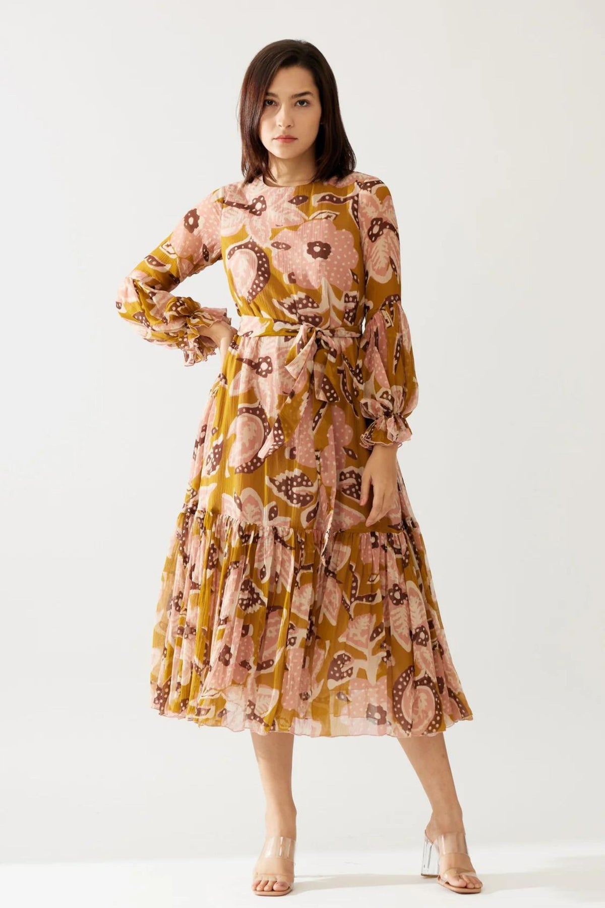 Mustard And Pink Floral Midi Dress