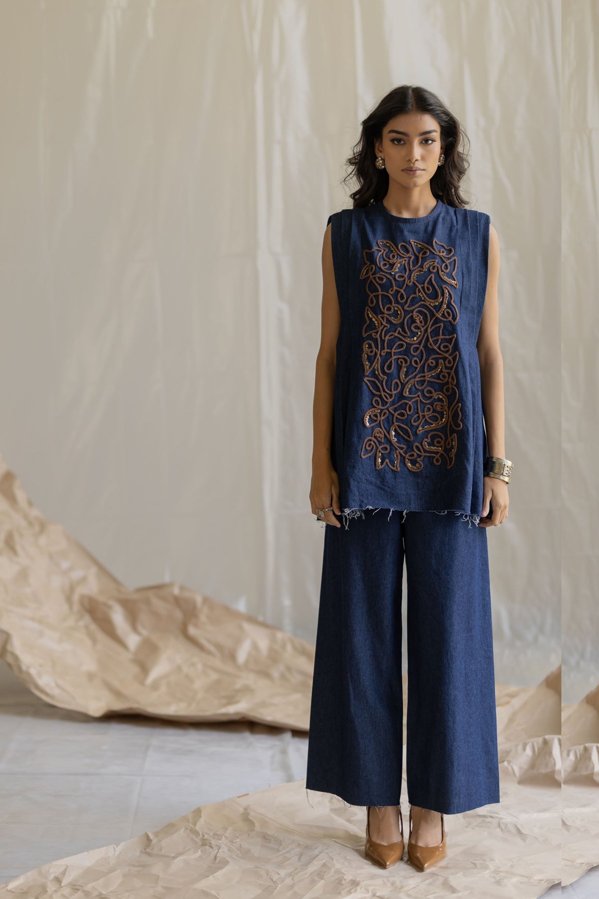 Shoulder Pleated Top With Pants