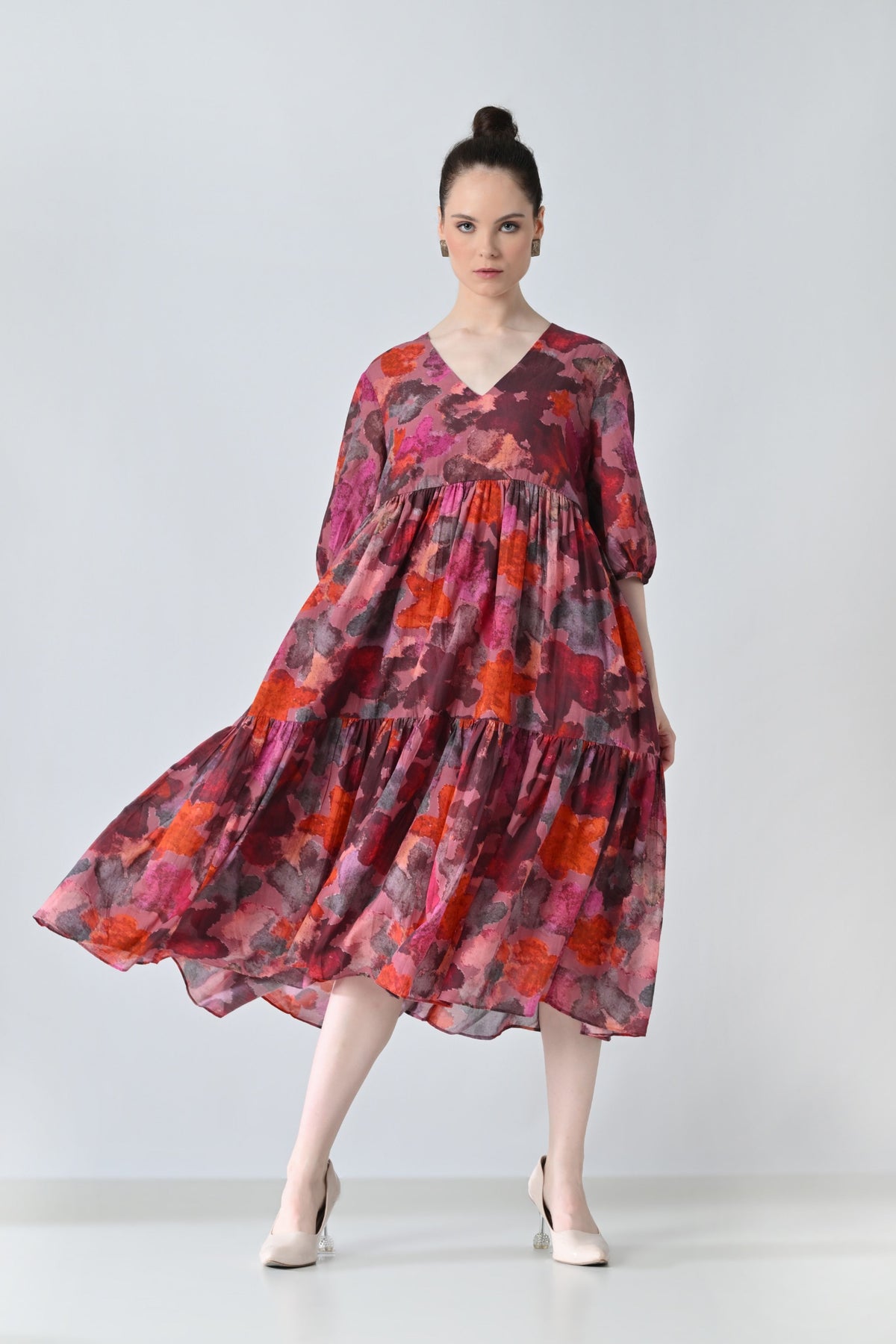 Red Bloom Printed Tiered Dress