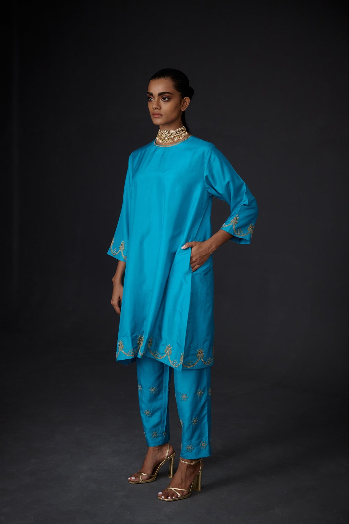 Turquoise  Blue Hand Embroidered Tunic Set
