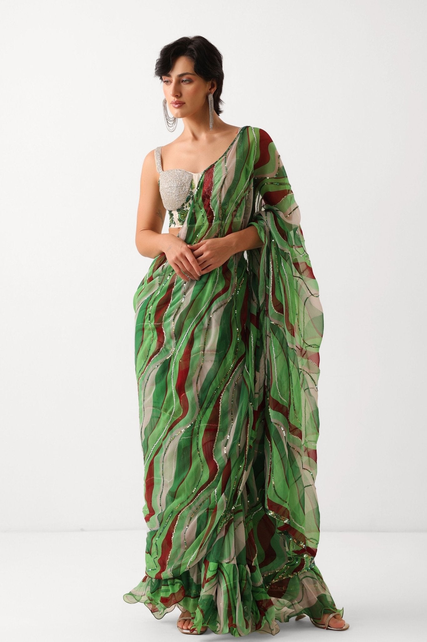 Lush Green Lehar Saree Set - Pallavi Jaipur - Elahe