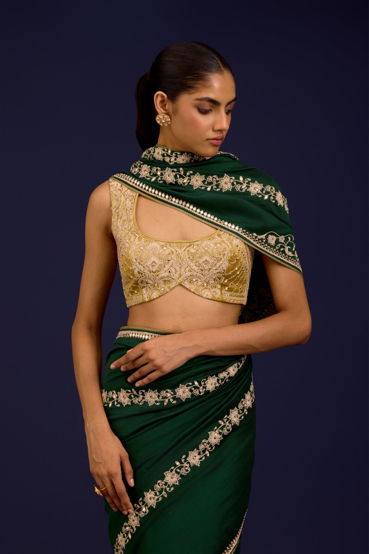 Green Embroidered Saree Set