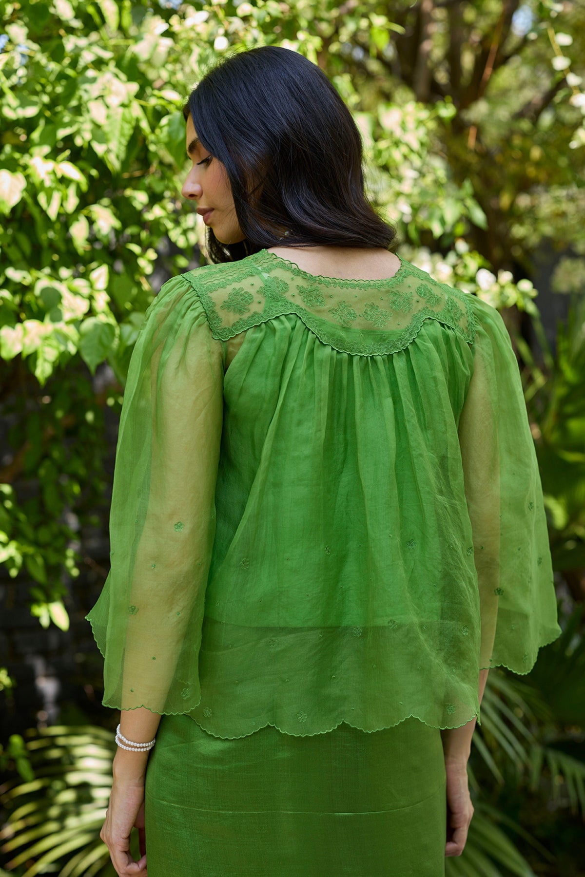Wander Trail Green Embroidered Blouse