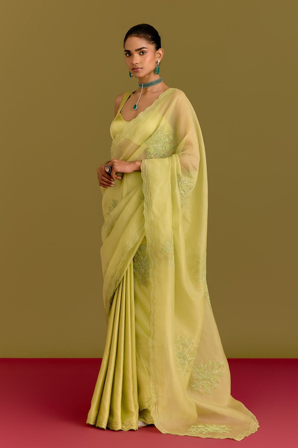 Green Embroidered Saree Set