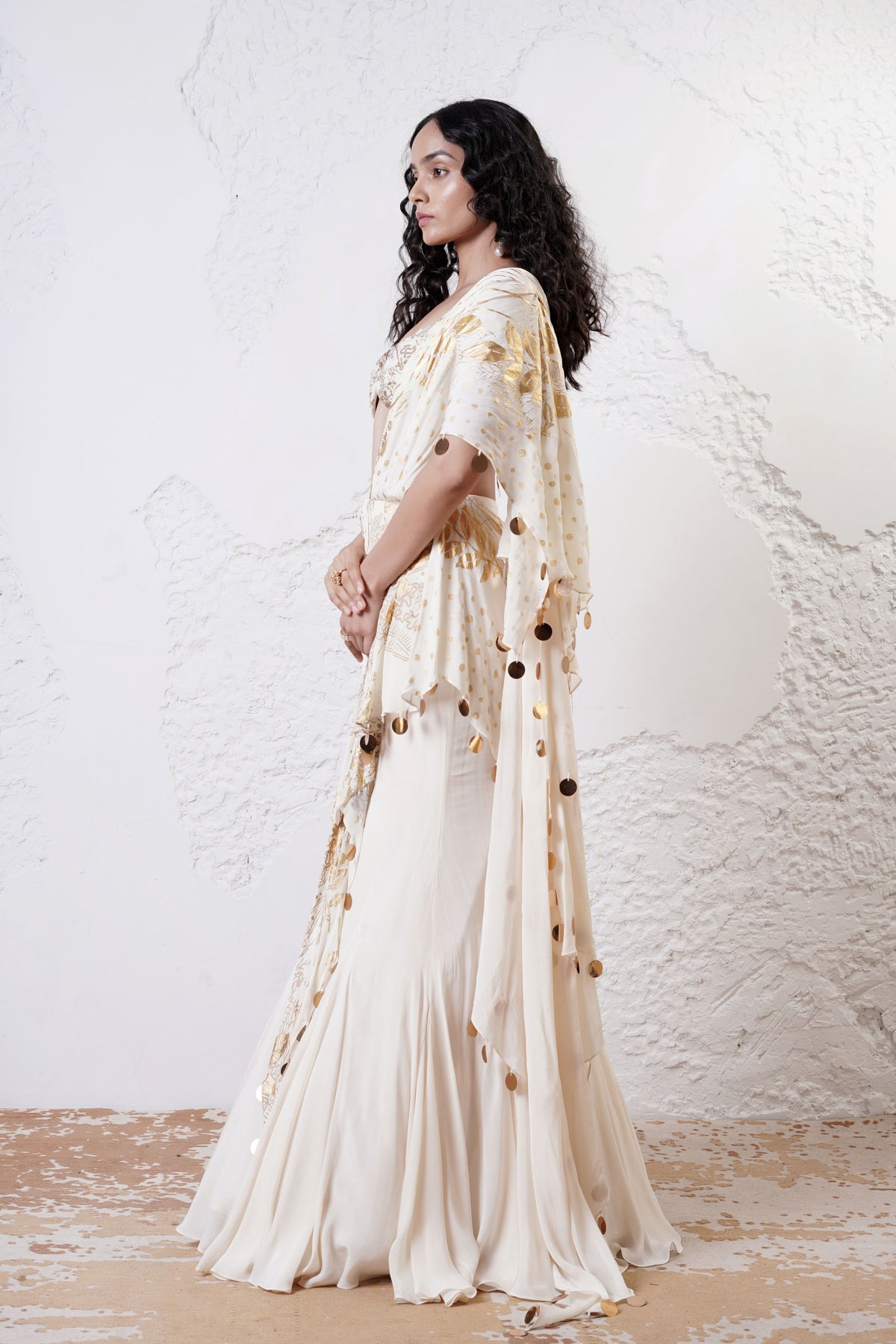 Ivory Foil Drape Saree Set
