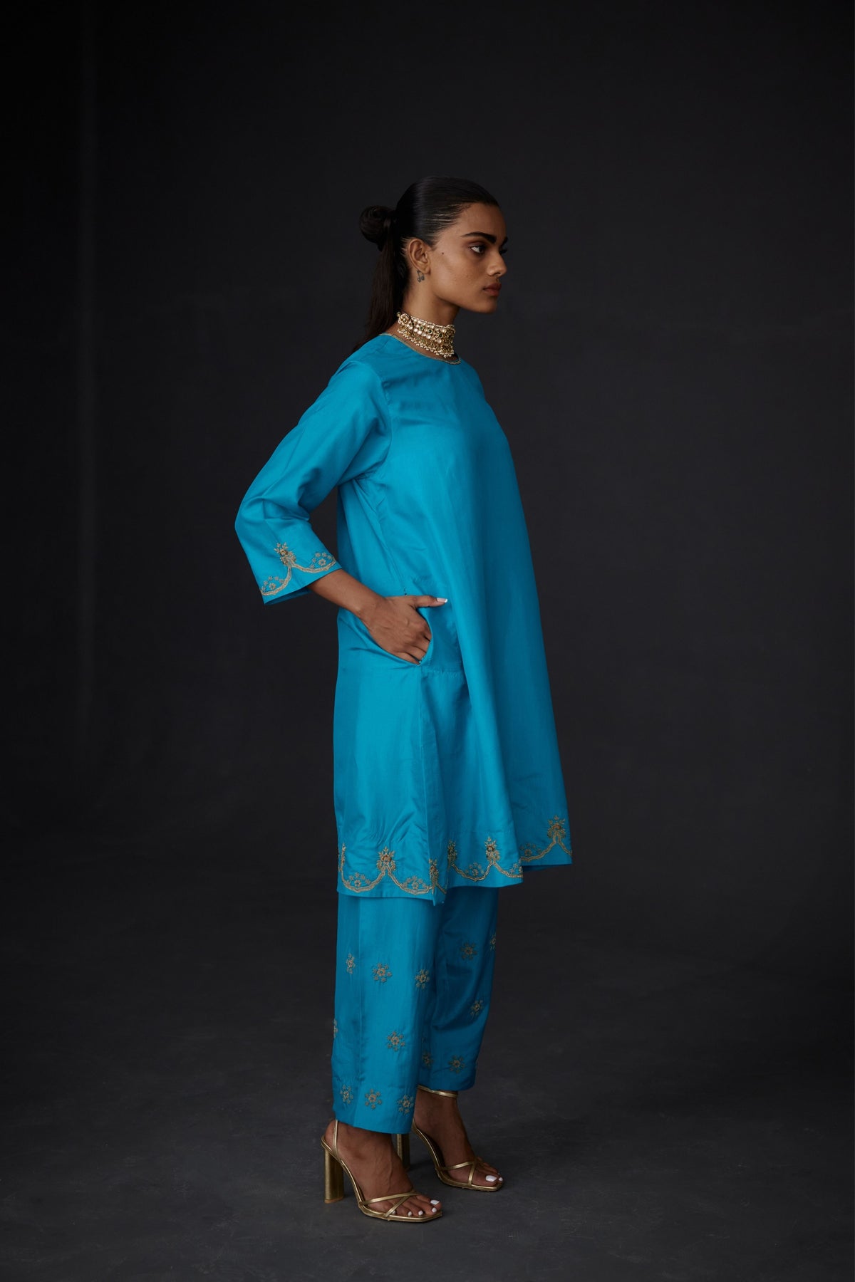 Turquoise  Blue Hand Embroidered Tunic Set