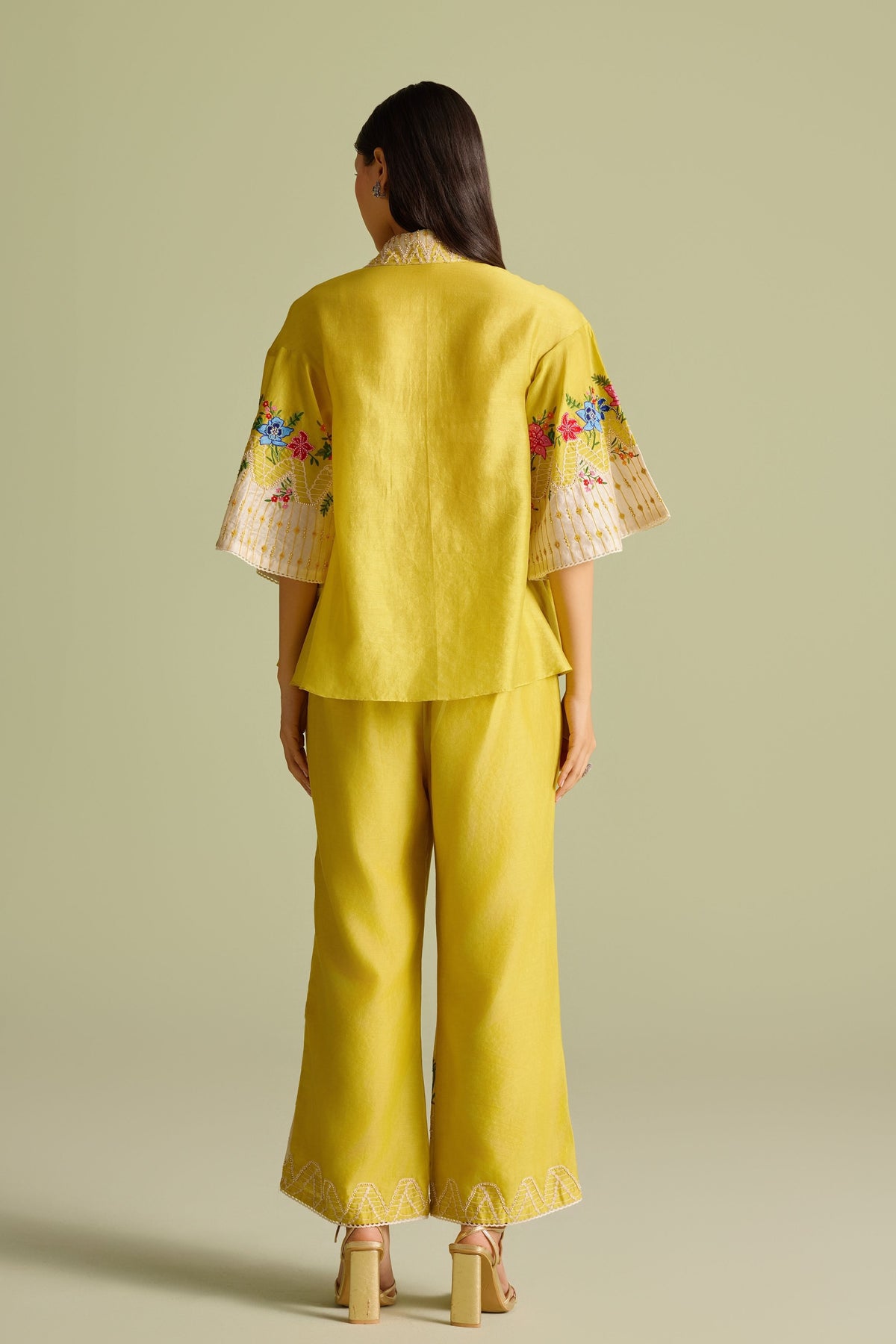 Yellow Floral Embroidered Color Block Shirt