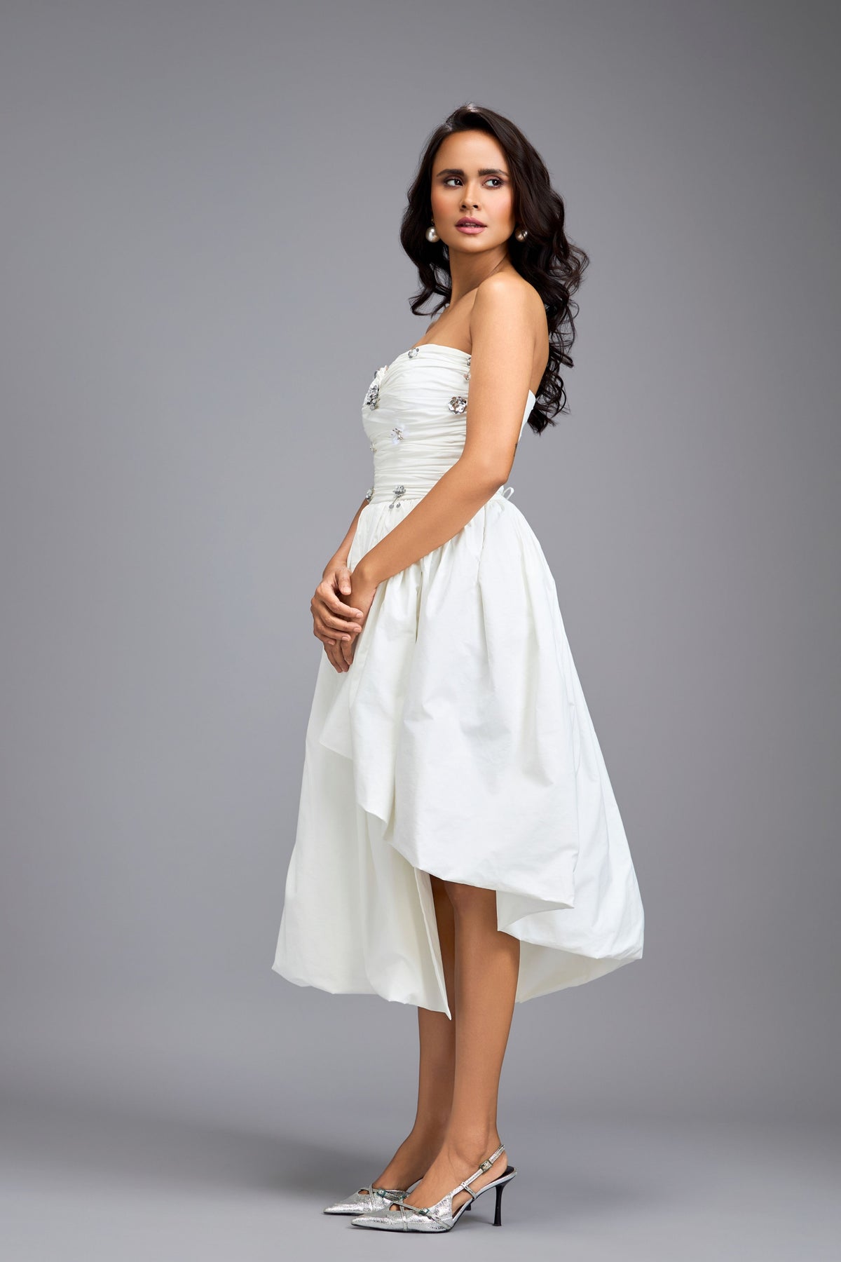 Voluminous Gathered Fitted  Midi Dress