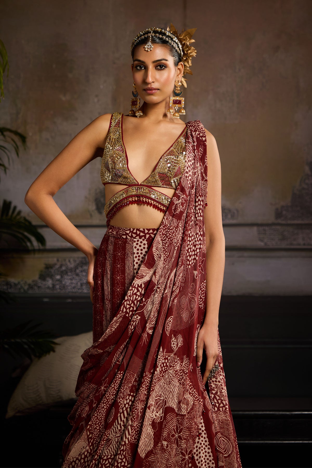 Maroon Embroidered Mermaid Saree Set