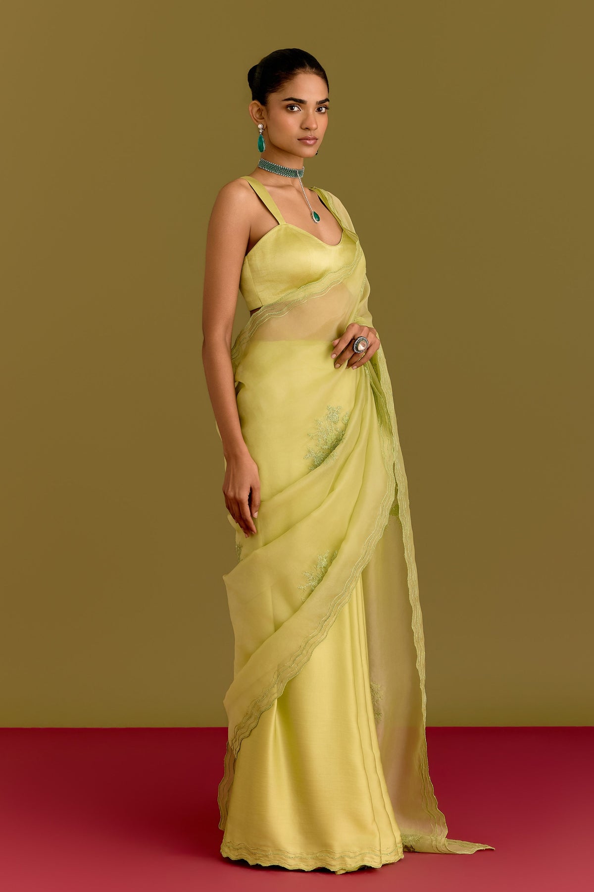 Green Embroidered Saree Set