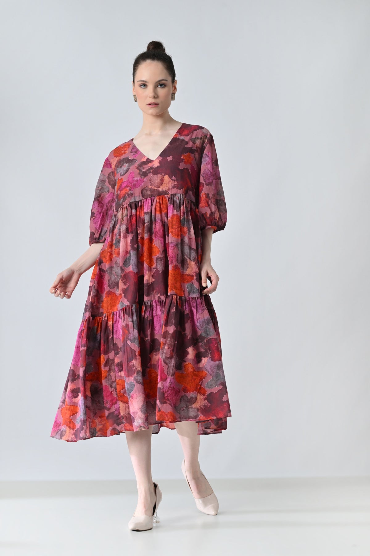 Red Bloom Printed Tiered Dress