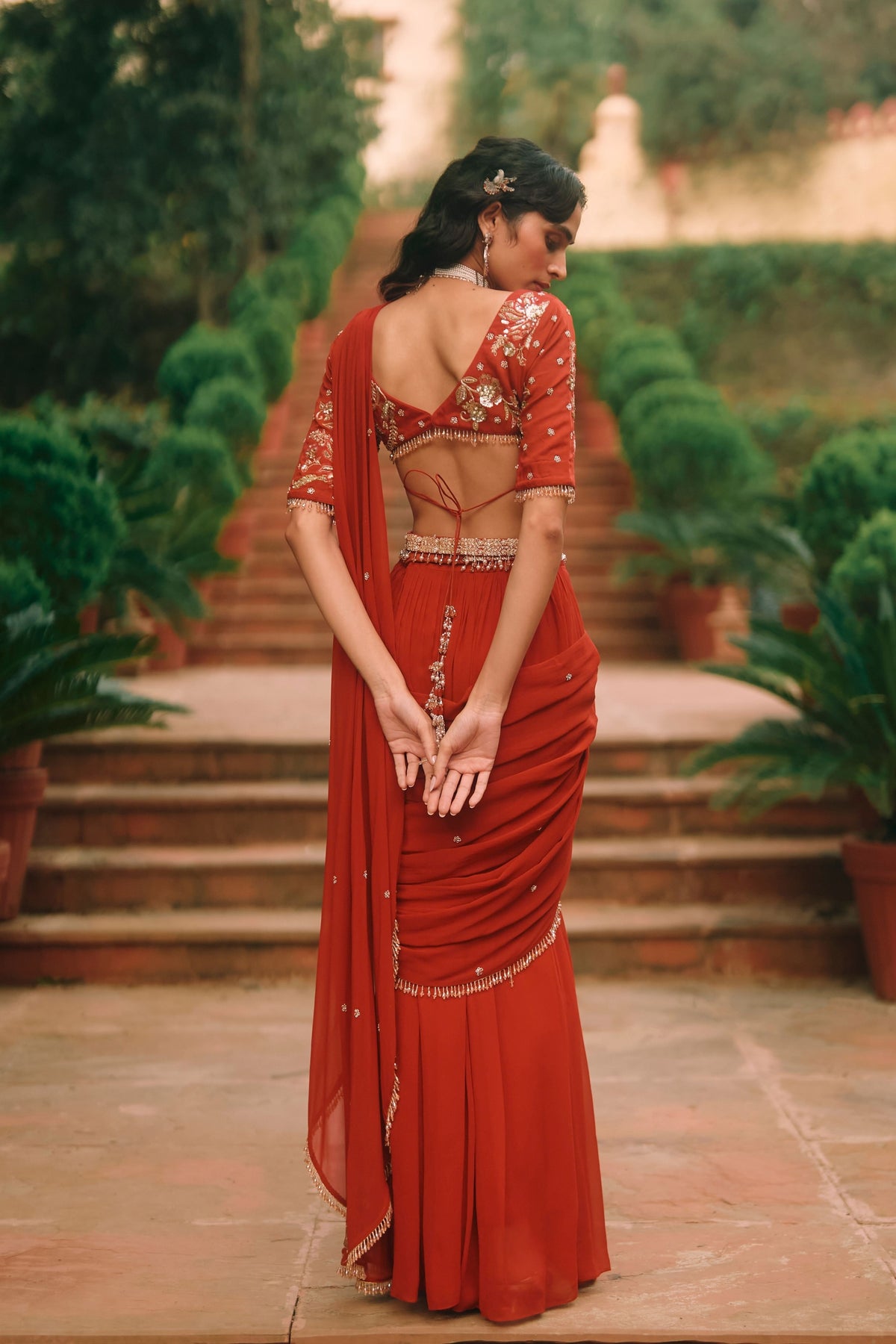 Kaia Red Draped Saree Set