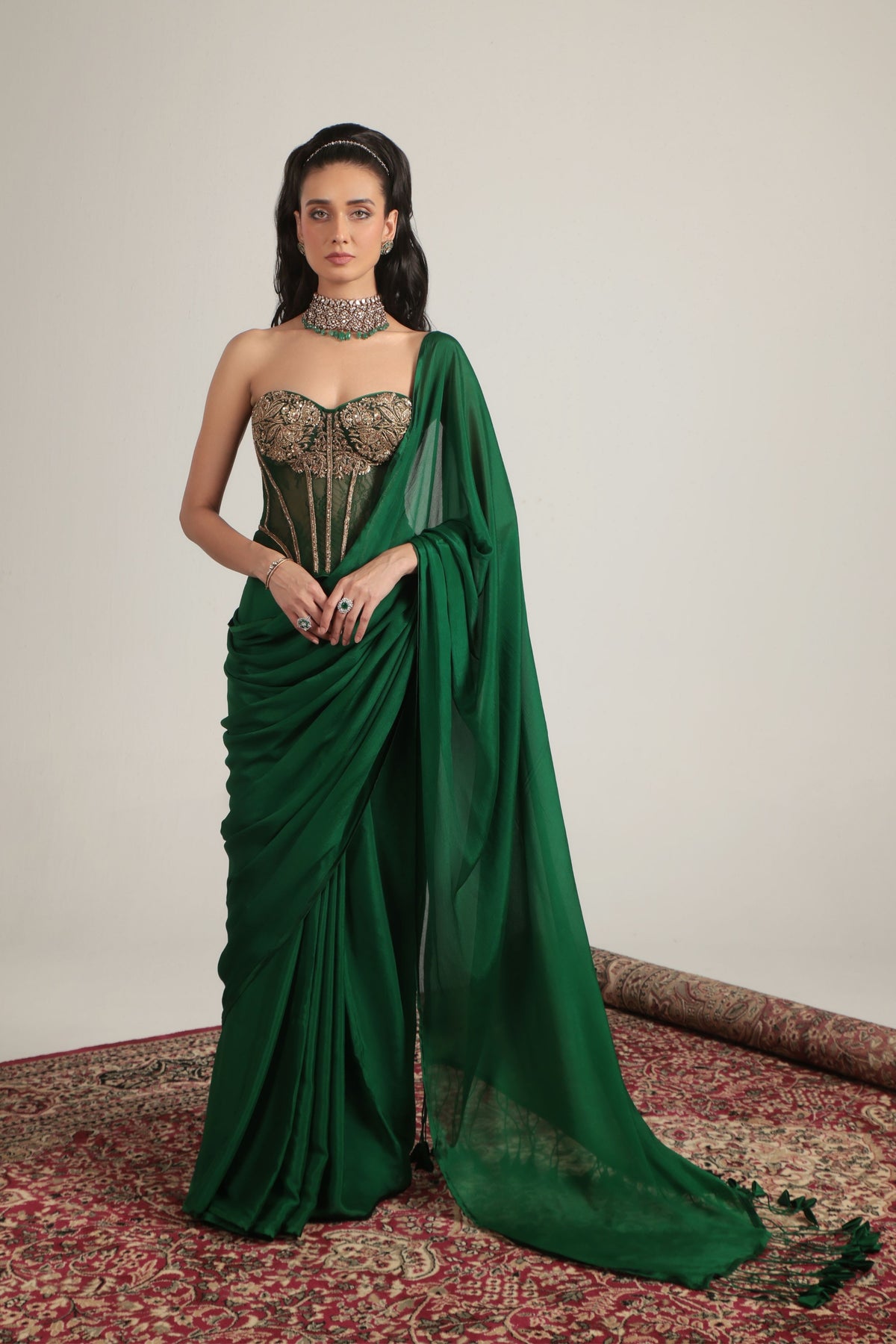 Green Zardosi Corset Saree Set