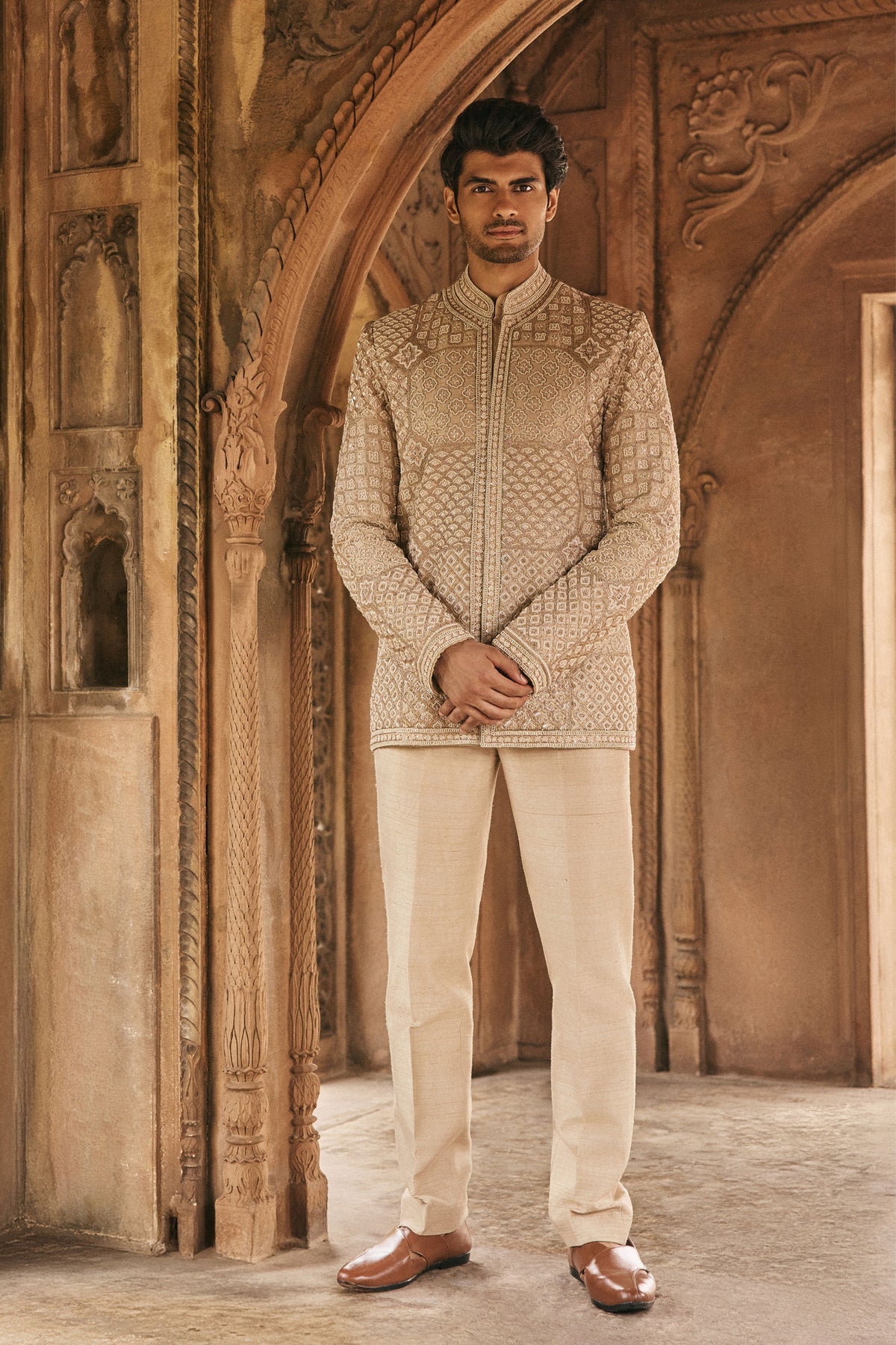 Beige Embroidered Jacket Set