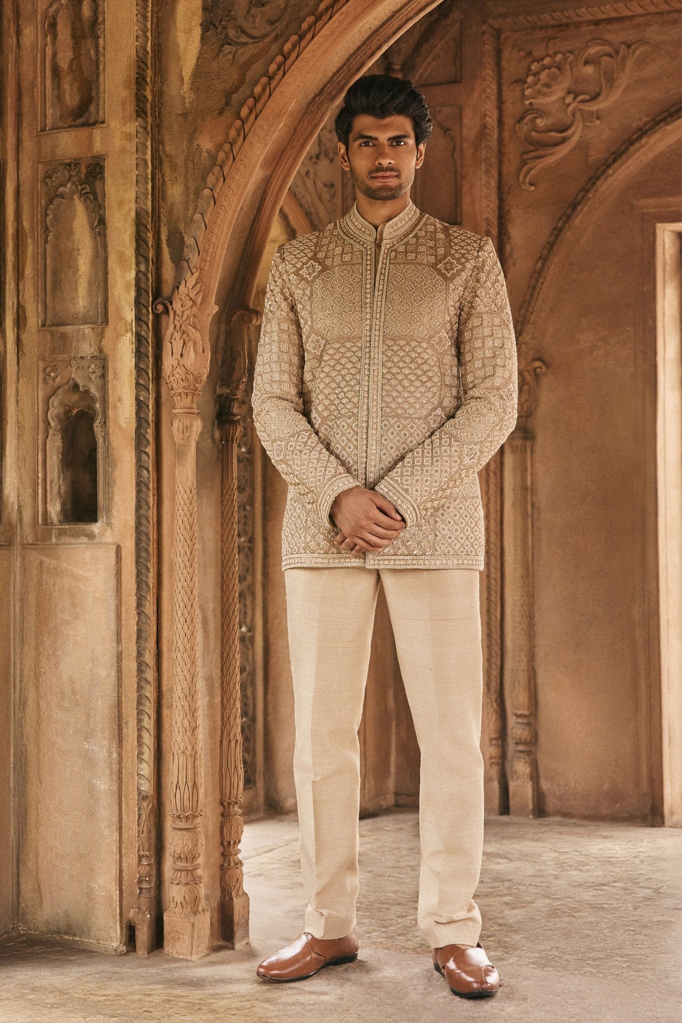 Beige Embroidered Jacket Set - Anjanaa M Dang Menswear - Elahe