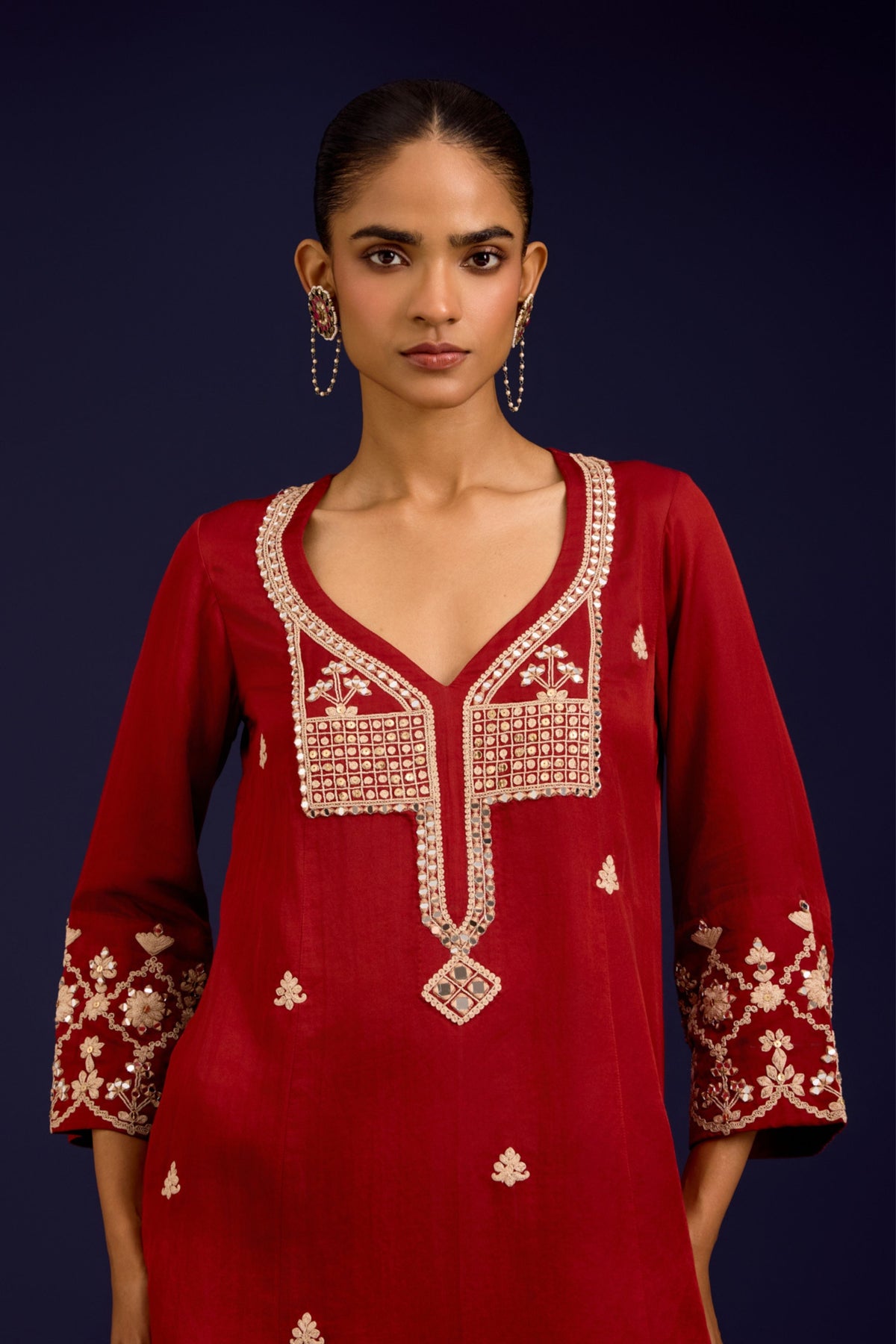 Rust Cotton Embroidered Kurta Set