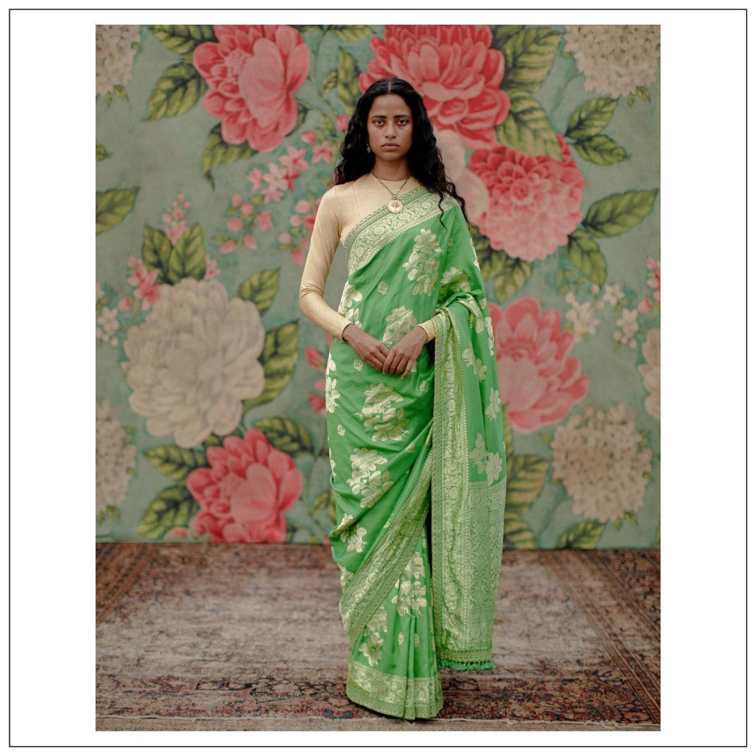 The Bengal Rose Benarasi Saree in Parrot Green