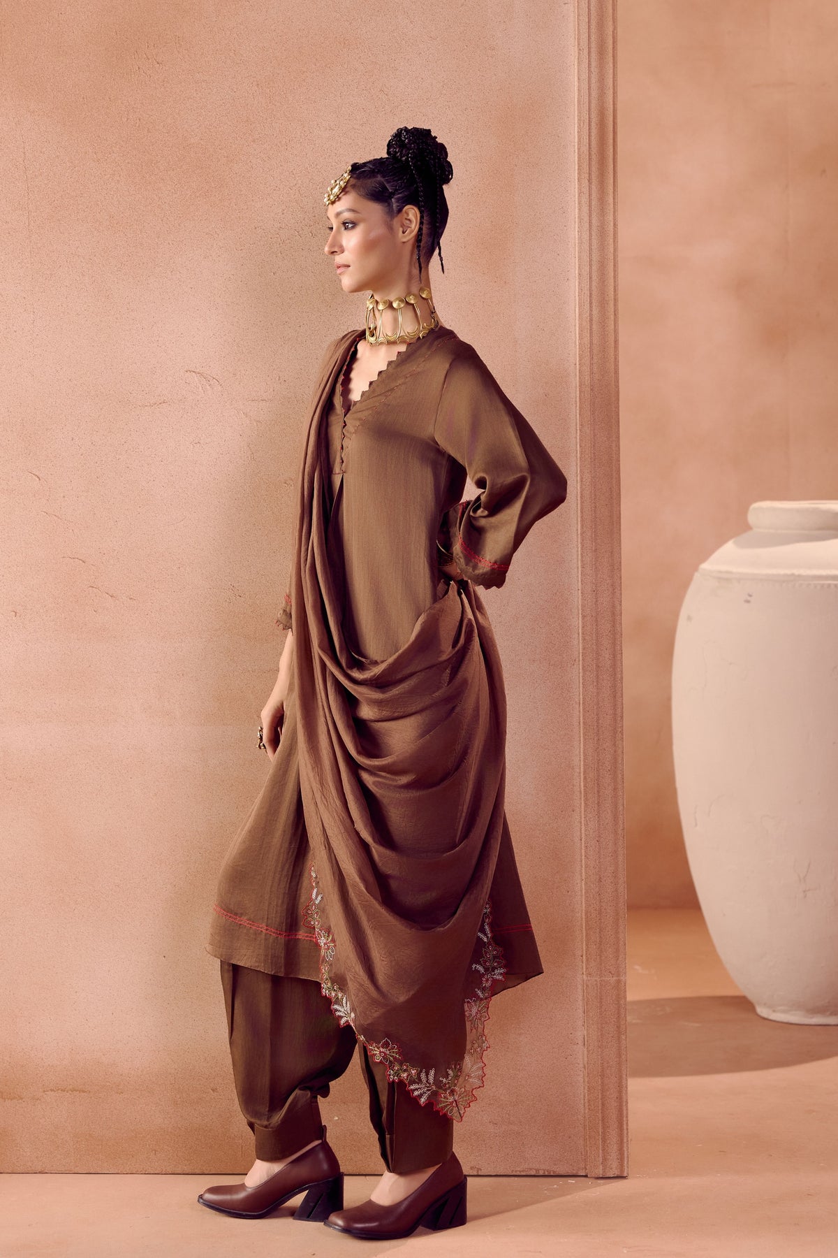 Brown Box Pleated Pants Kurta Set