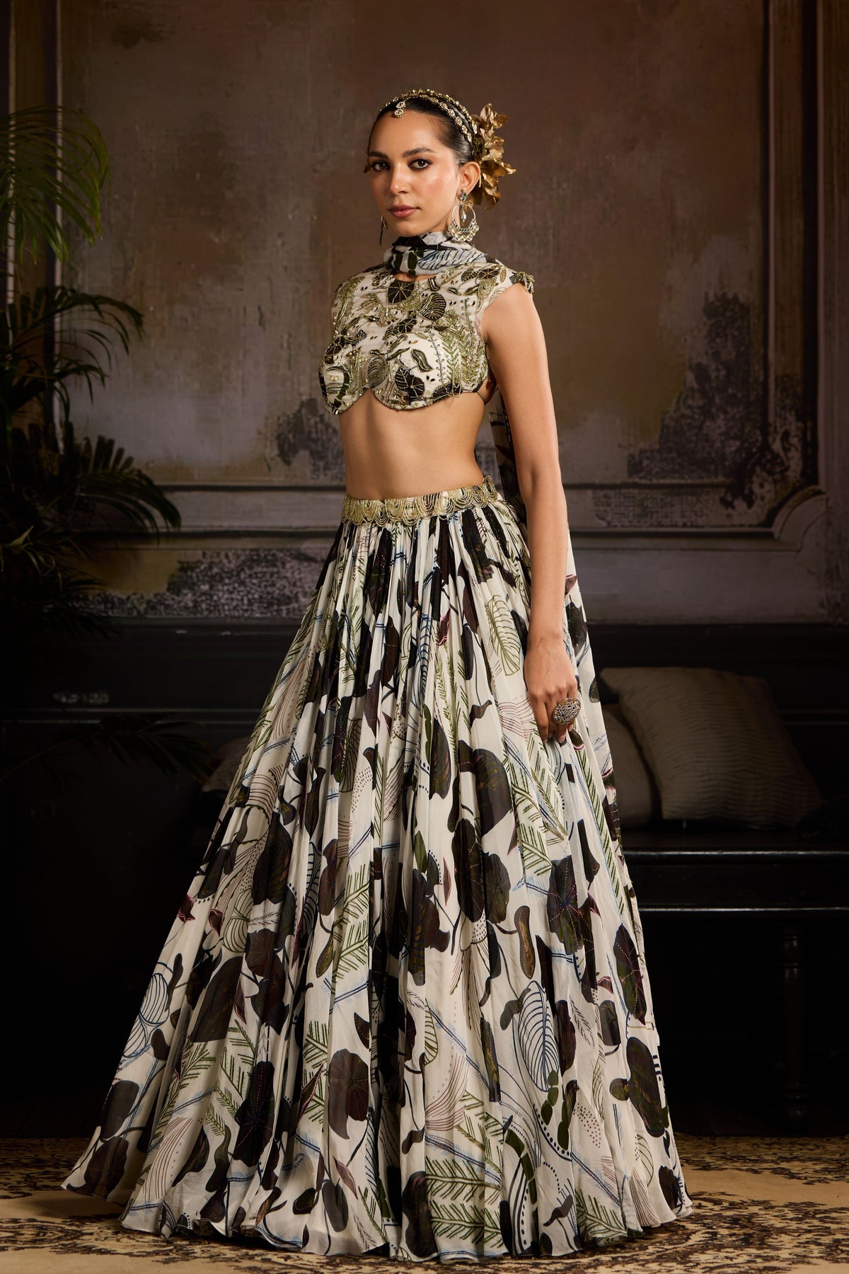 White and Green Lehenga Set