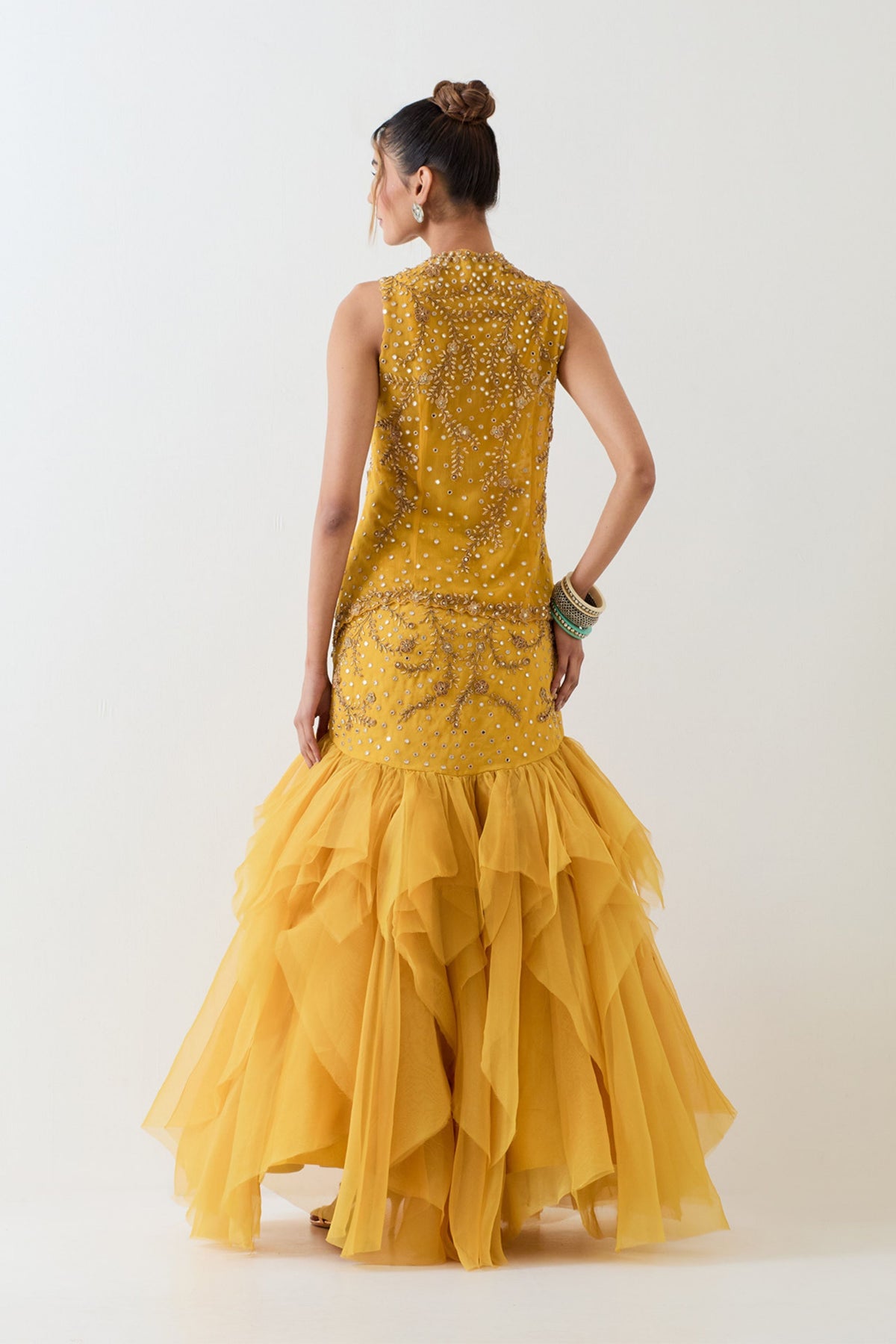 Yellow Organza Skirt Cape Set