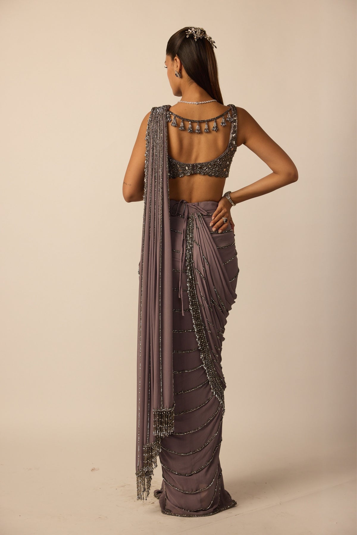 Metallic Grey Linear Draped Saree
