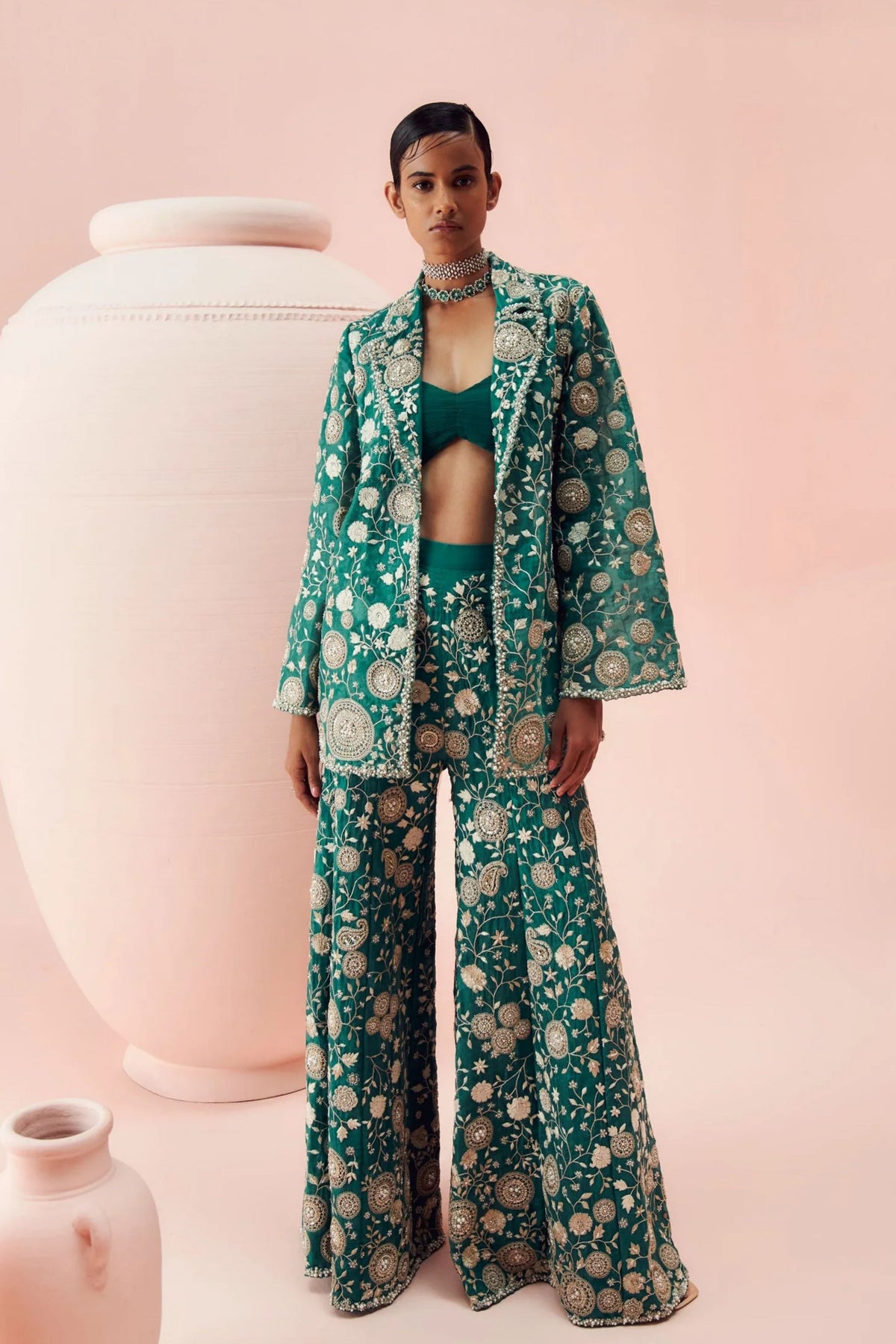 Teal Green Jacket And Pants Set
