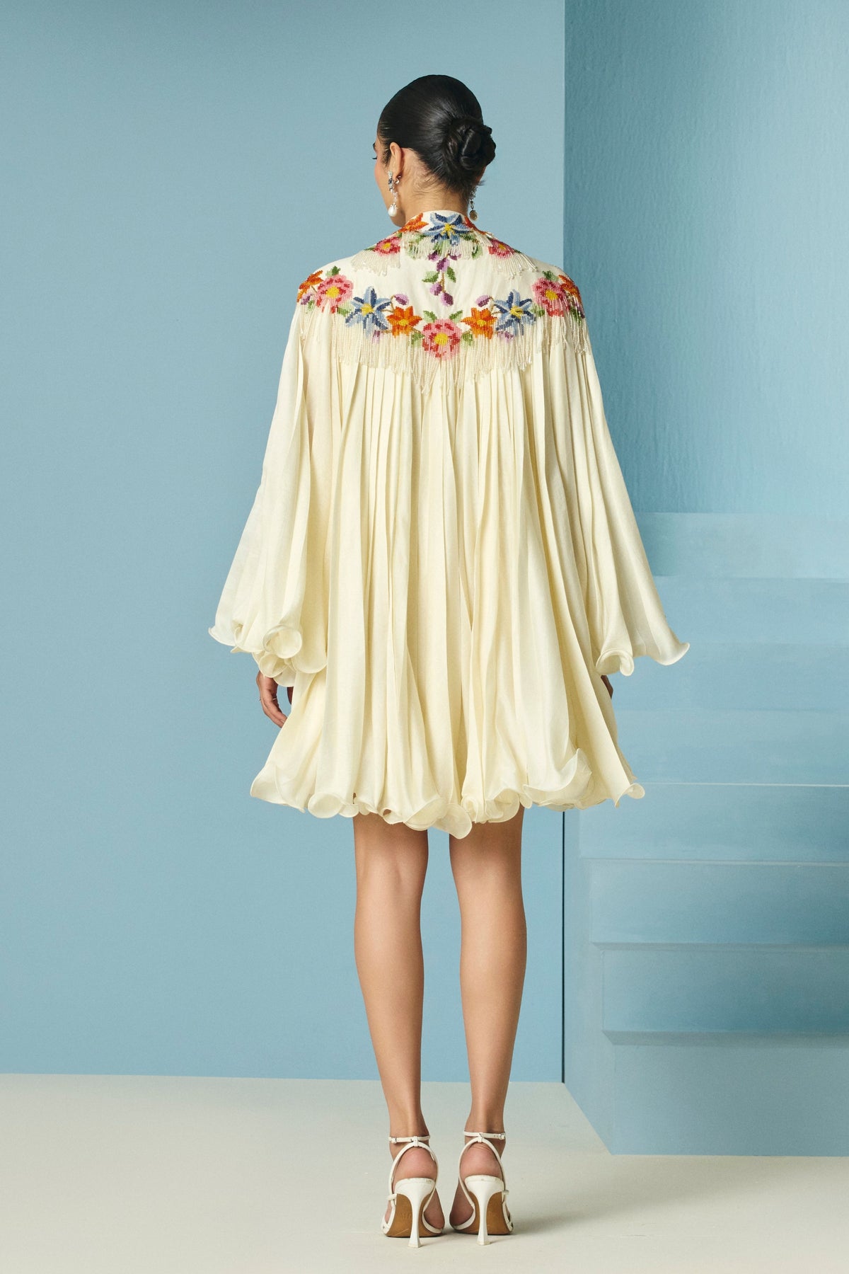 Pleated Dress With Floral Cape