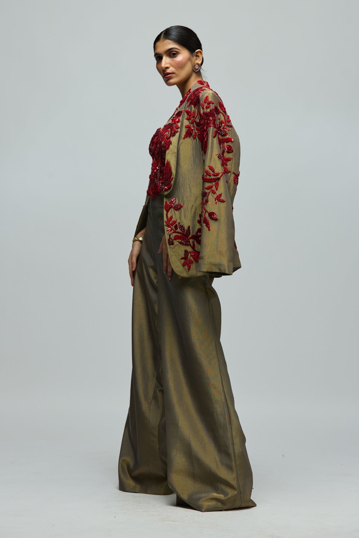 Red Stone Embellished Jacket Set