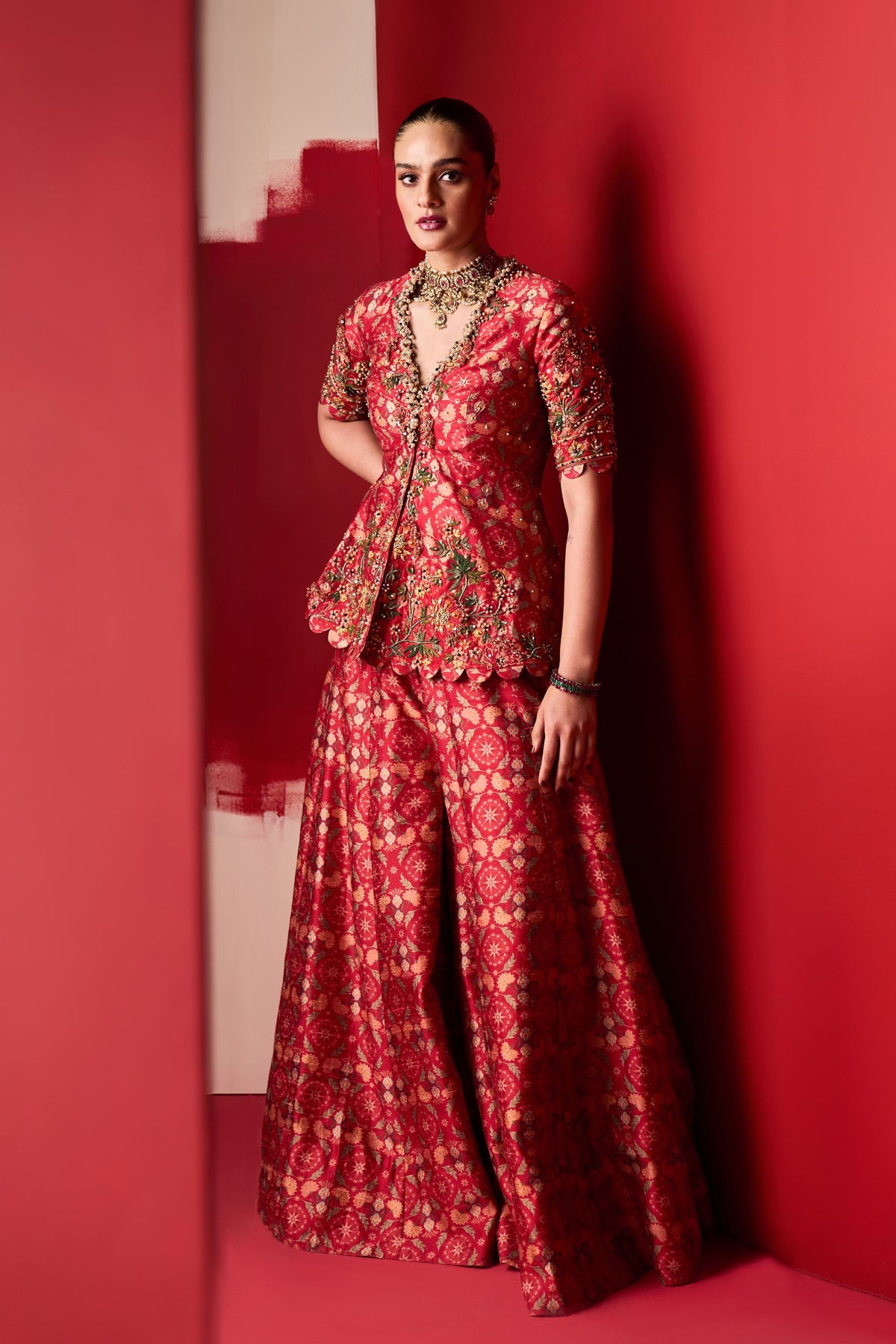Saadirah Red Peplum Sharara Set