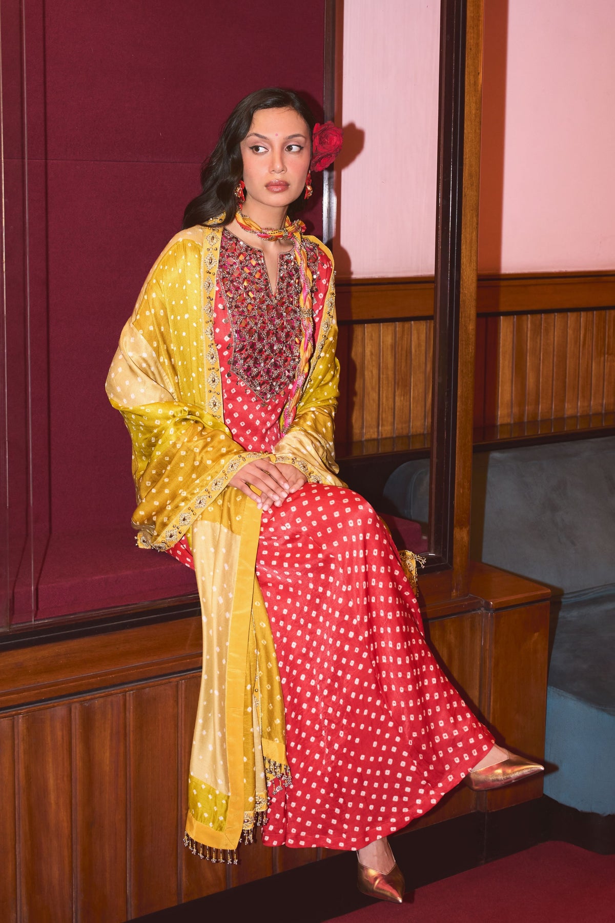 Chameli Red Leheriya Anarkali Set