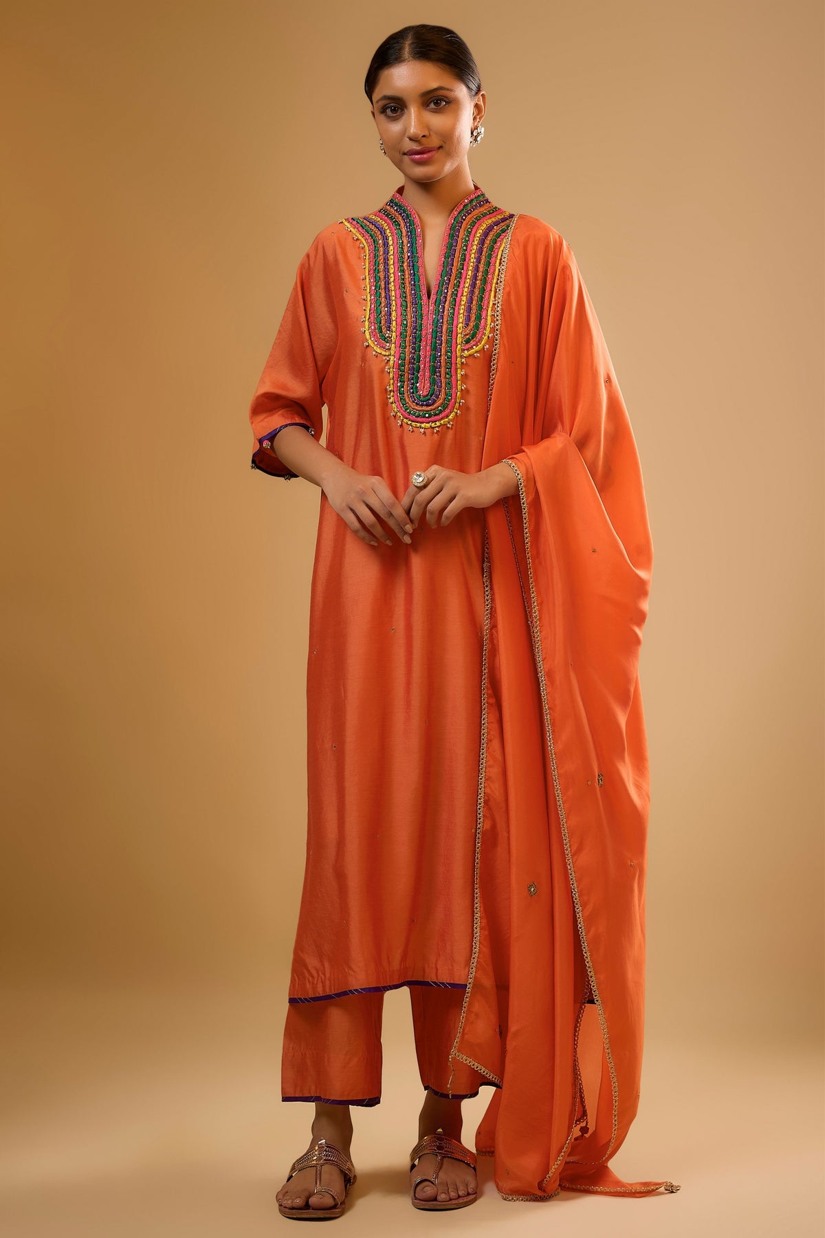 Dori Yoke Orange Kurta Set