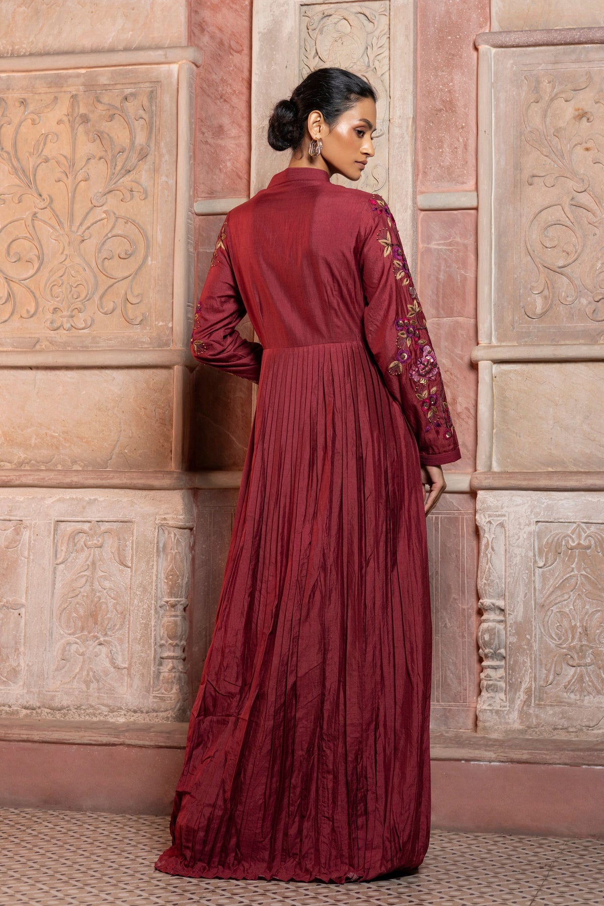 Maroon Pleated Maxi Dress