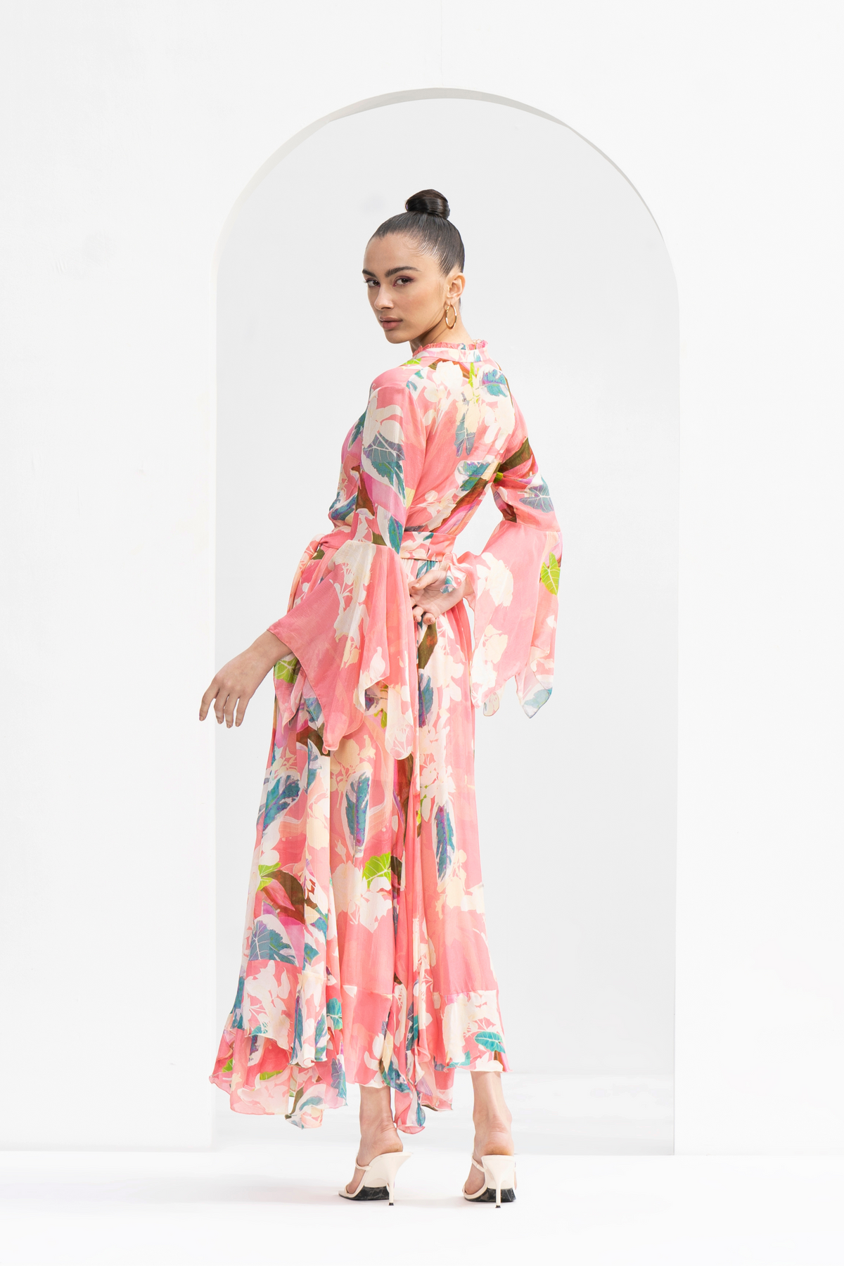 Peach Tropical Printed Chiffon Dress