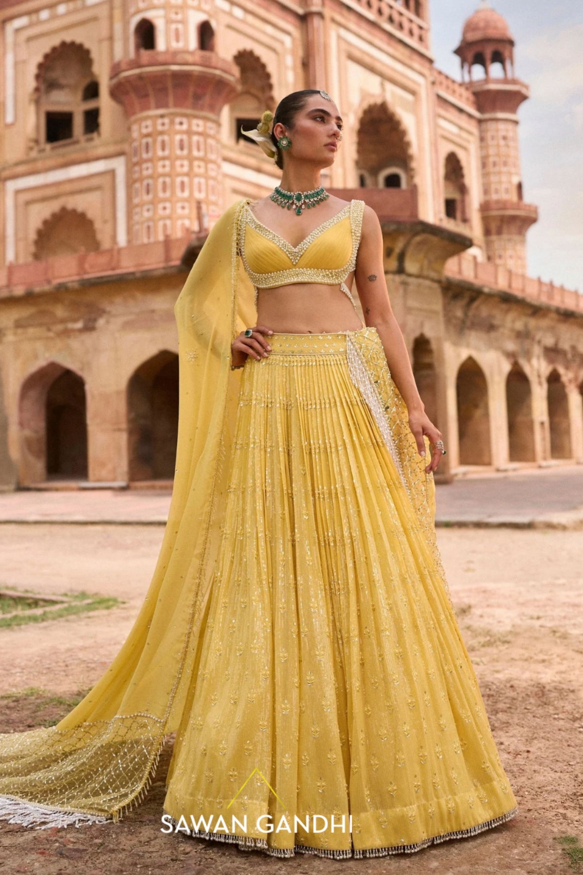 Yellow Mirror Booti Lehenga Set