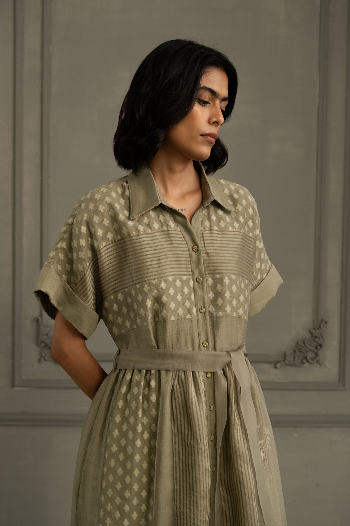 Sage Lace Belted Dress