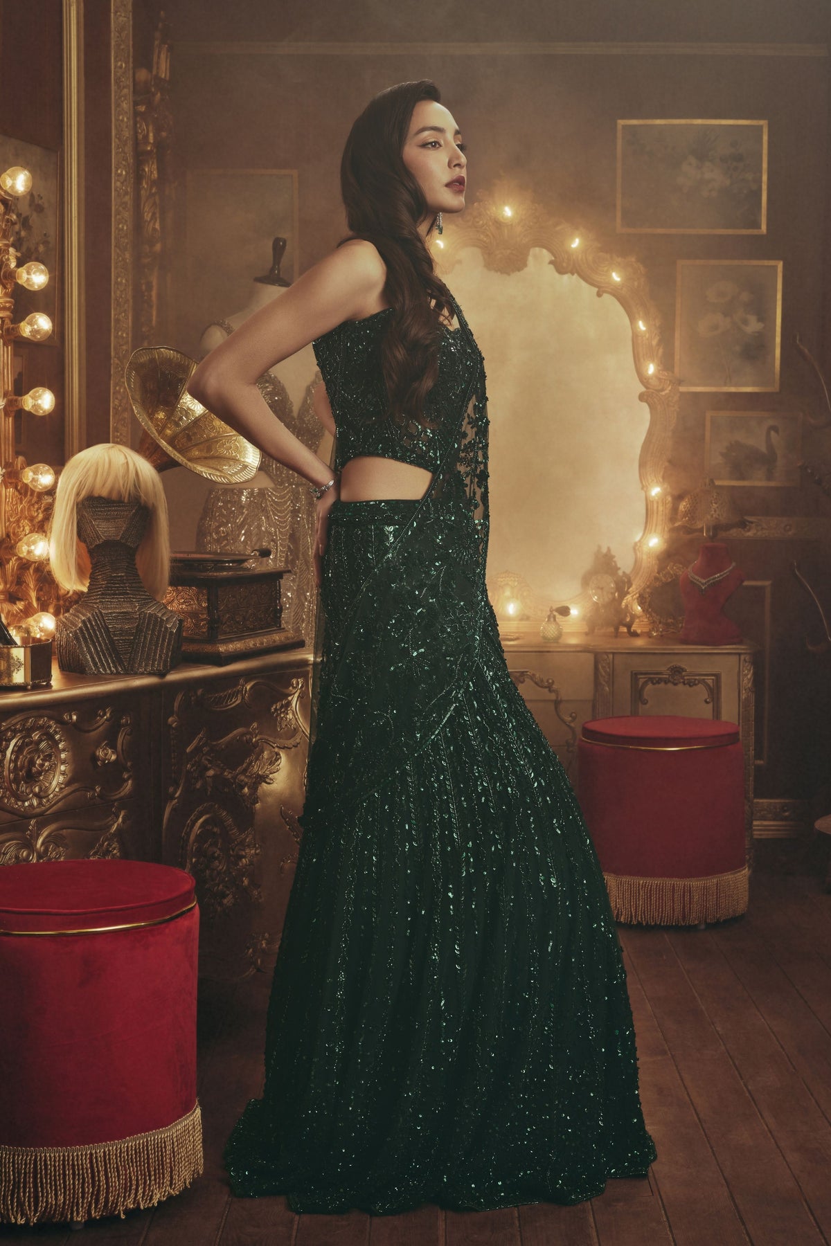 Helena Emerald Draped Saree Set