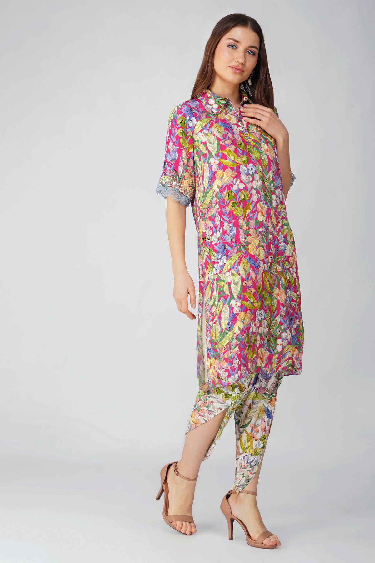 Multi Leaf Shirt Tunic Set