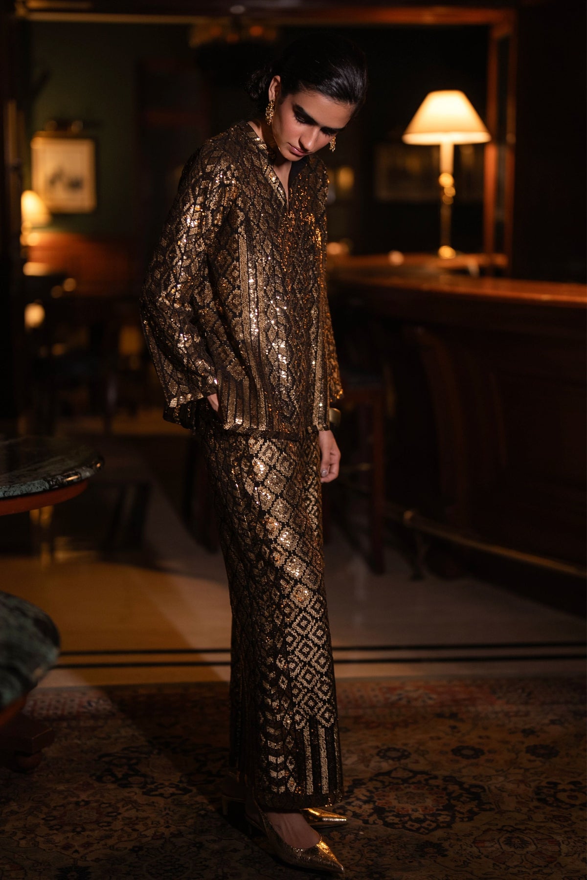 Geometric Sequin Top & Wide-Legged Pants