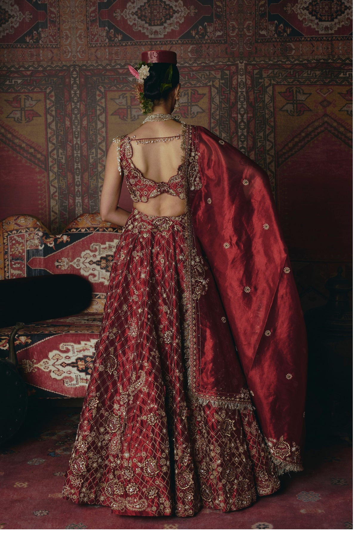 Maroon 3d Flower Lehenga Set