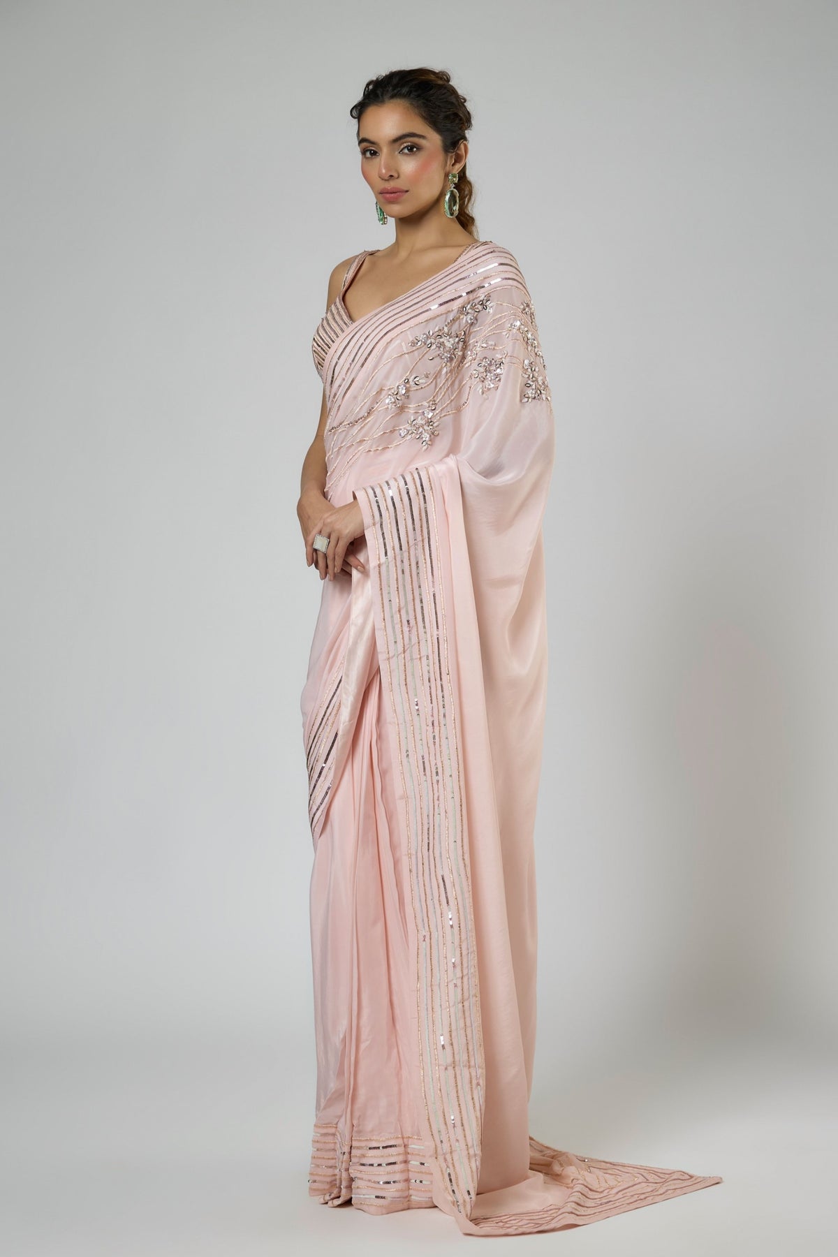 Peachy Pink Draped Saree Set