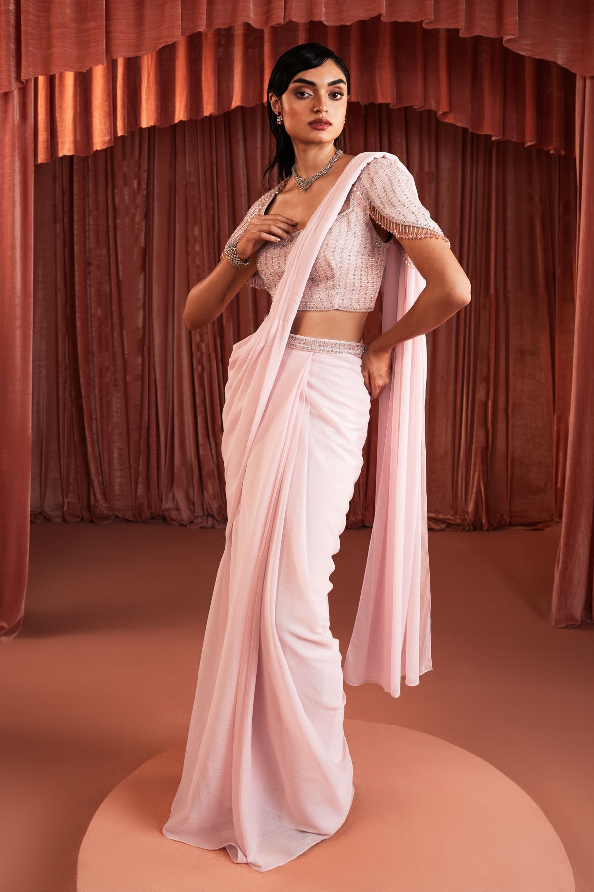 Baby Pink Beaded Draped Saree
